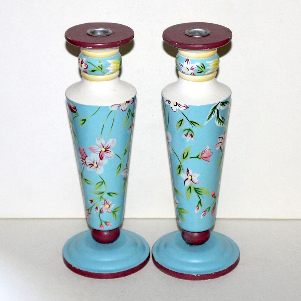 Vintage pair wood Candle Holders Waverly Masterpiece Garden Room Blue Flowers